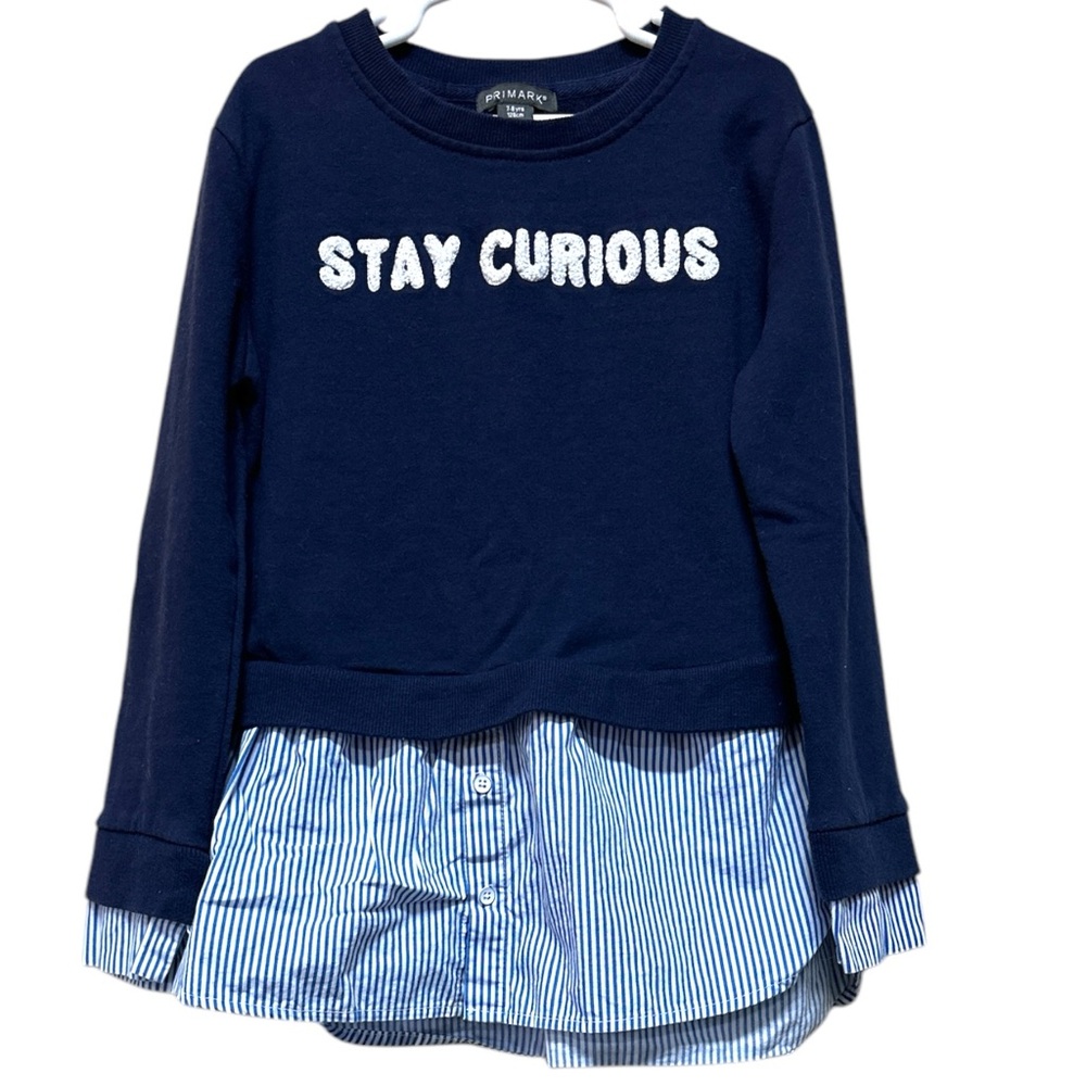 Primark Girls Stay Curious Sweatshirt with Mock Button Down Blue and White, 7-8